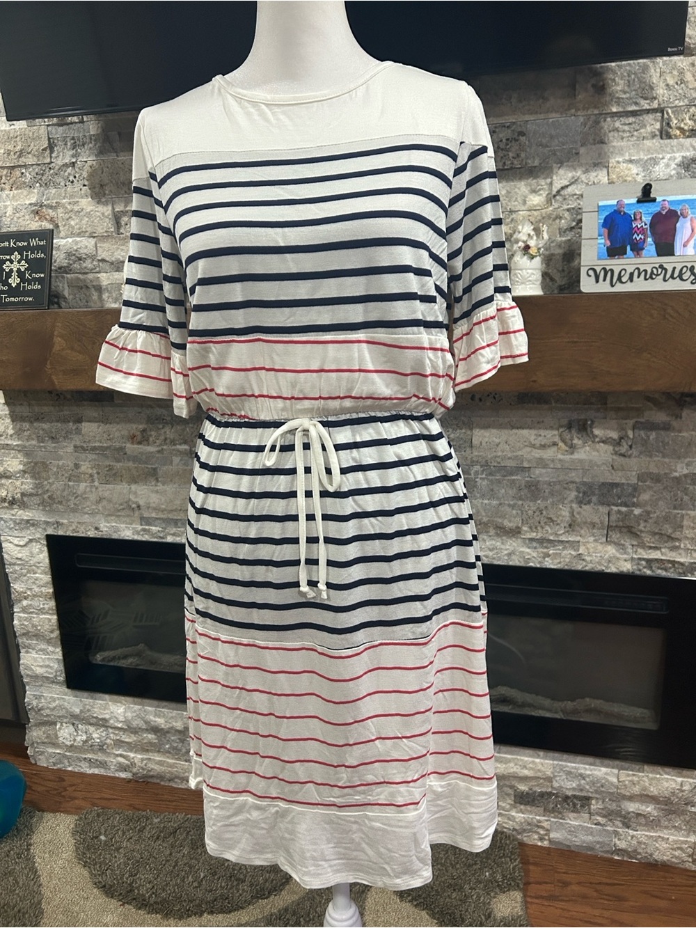 Striped Drawstring Waist Midi Dress - White with Navy & Red Stripes NEW size M